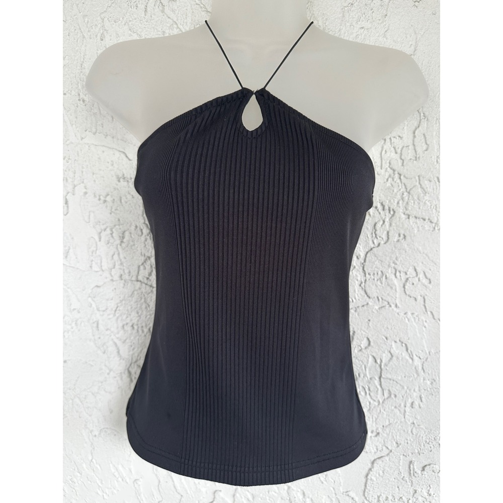 XOXO Vtg Y2K Black Ribbed Halter Top Keyhole Neckline Cross Back Strappy Small